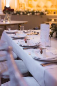 Wedding table place setting with personalised favour at Wilton Hall