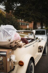 Vintage wedding car outside Wilton Hall, Milton Keynes